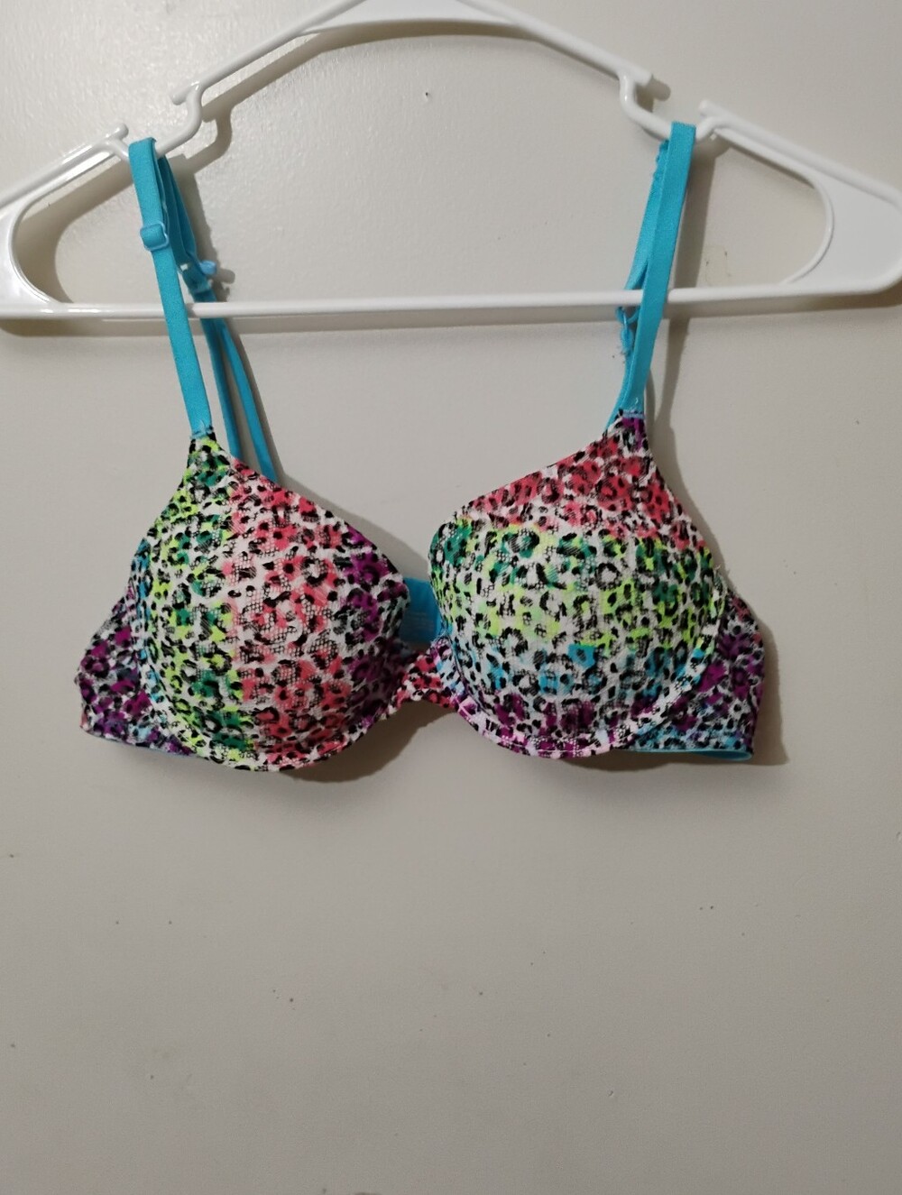 No Boundaries Multicolor Leopard Print Bikini Top with Aqua Straps